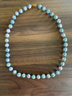 Vintage Chinese Cloisonné Long Blue Pink Beaded Necklace approx 25” EUC